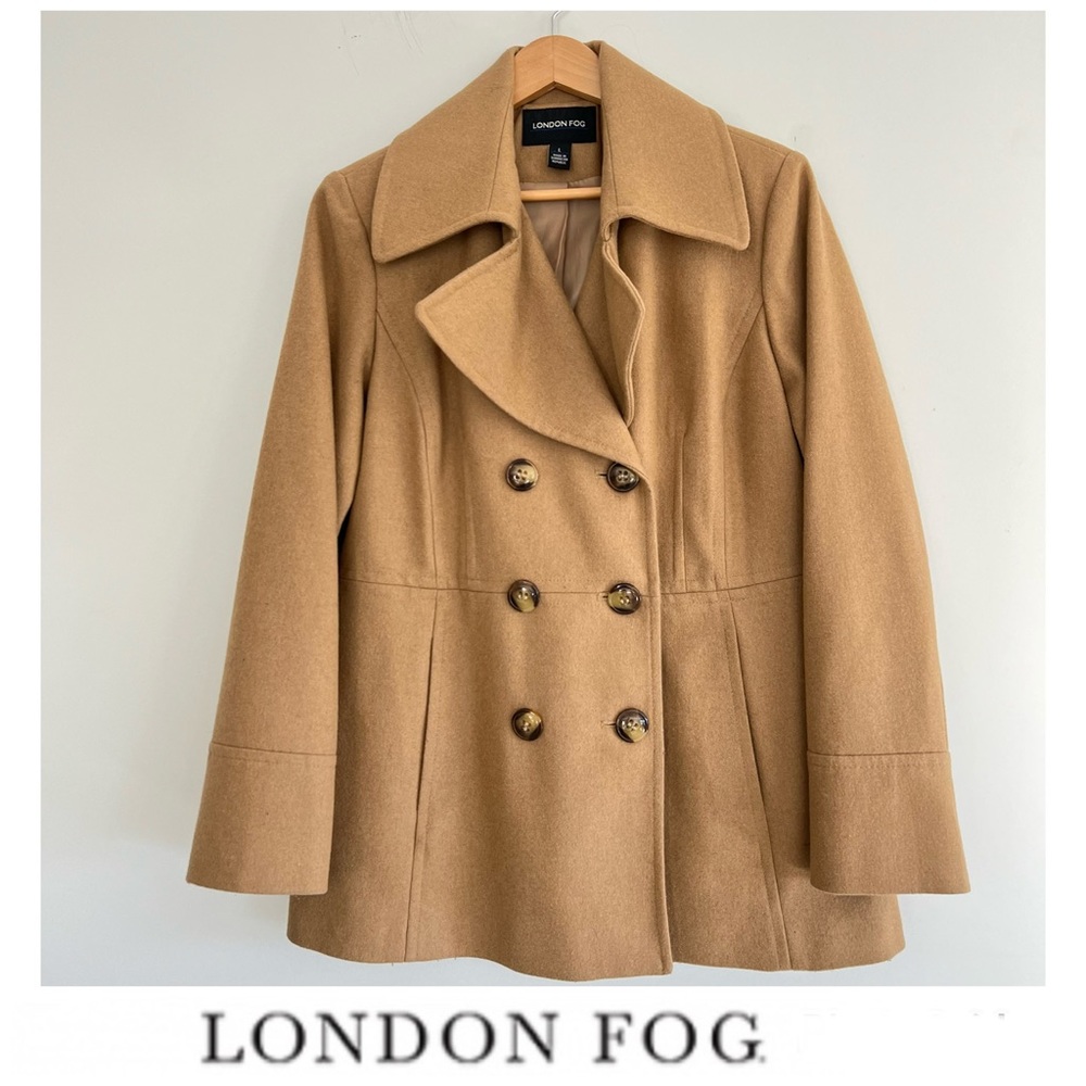 LONDON FOG Beige Tan Wool Blend Double Breasted Long Sleeve Pea Coat Jacket Sz L